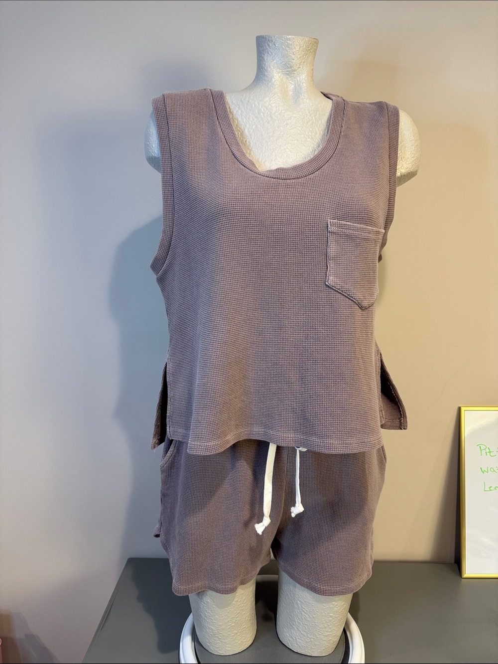 Together Sleeveless Thermal Tank & Drawstring Shorts Set in Mauve, mismatch size
